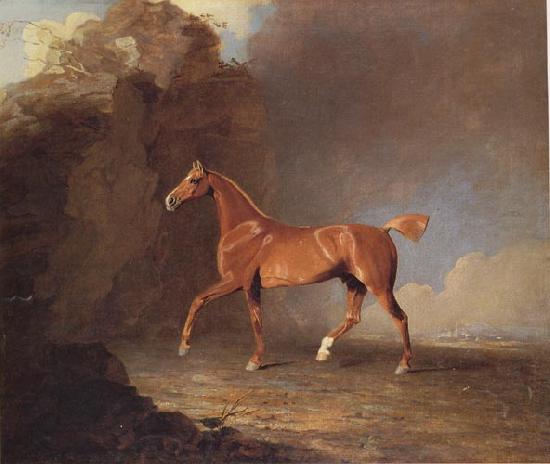 Benjamin Marshall A Golden Chestnut Racehorse by a Rock Formation With a Town Beyond France oil painting art